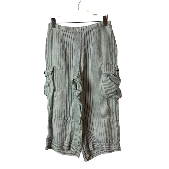 FLAX linen cropped wide-leg striped pants pockets size S. - Picture 1 of 10